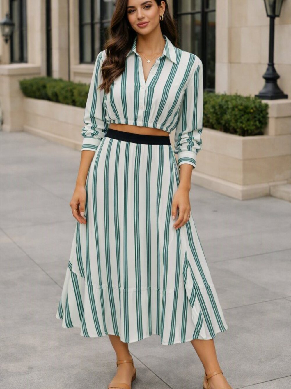 Future Collective White with Green Vertical Stripes Top and Skirt Set